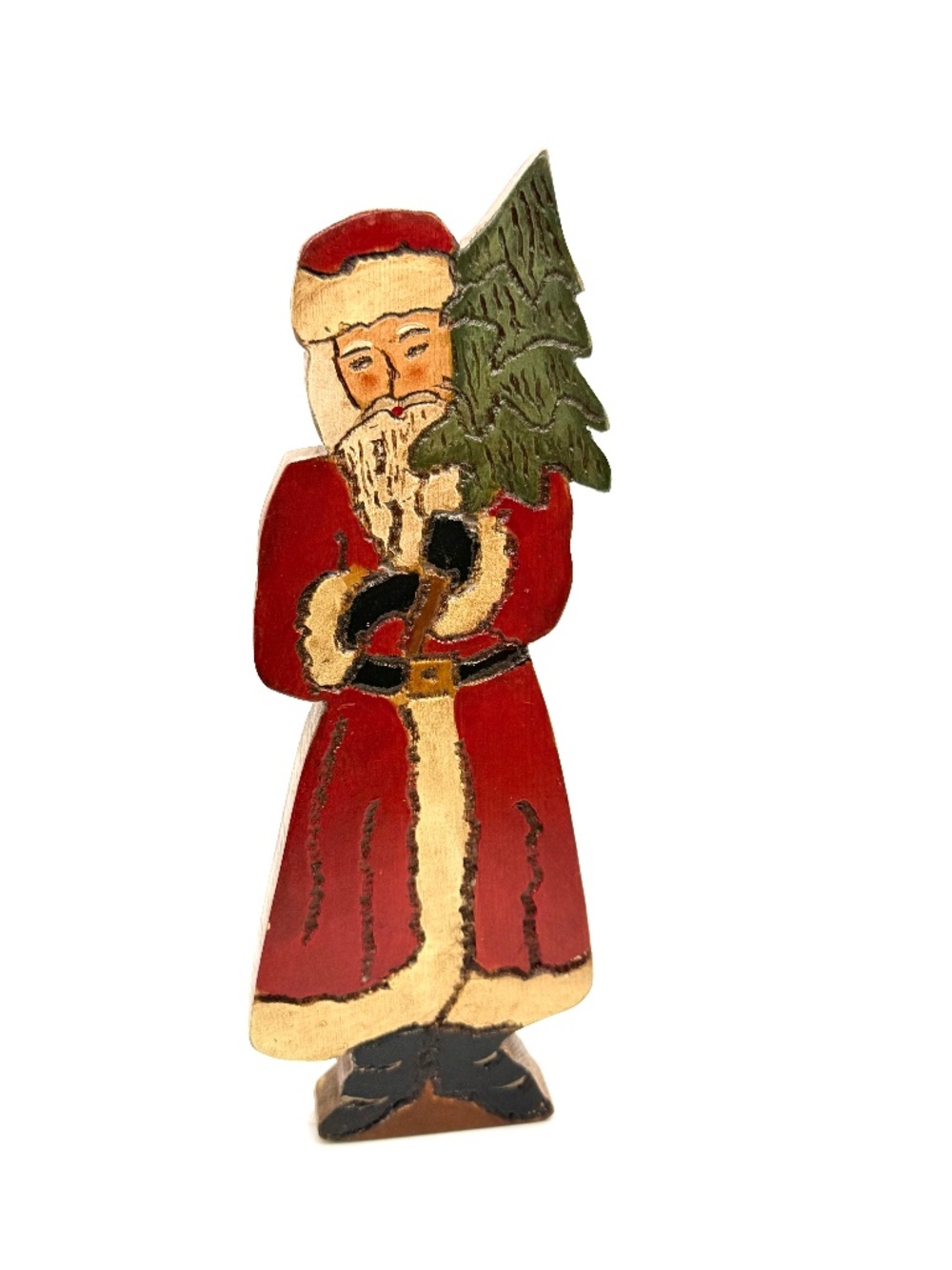 Handcrafted Handcarved Folk Art Santa Figurine Carrying an Evergreen Tree